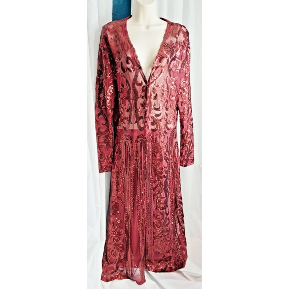 Women Sequin Mesh Front Open Full Long Maxi Duster Burgundy Red Large - Picture 2 of 10